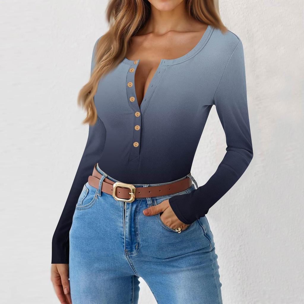 Женская и зимняя футболка с тонким низом, модная повседневная футболка с градиентным принтом и круглым вырезом, пуловер с длинным рукавом