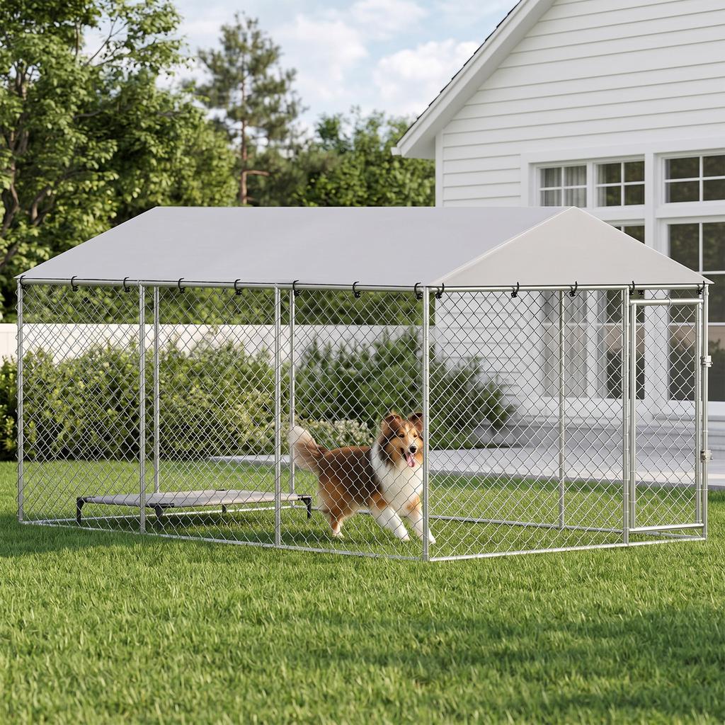 Outdoor Dog Enclosure With Galvanized Mesh And Lock Made Of Steel And Oxford Fabric 4x2.3x2 M Silver