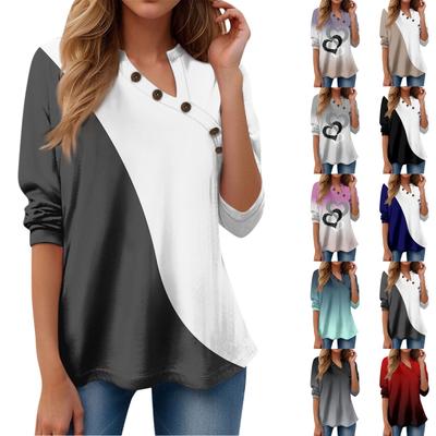 Женская футболка с принтом и пуговицами, длинный рукав, повседневная мода для выходных, пуловер с v-образным вырезом, топы