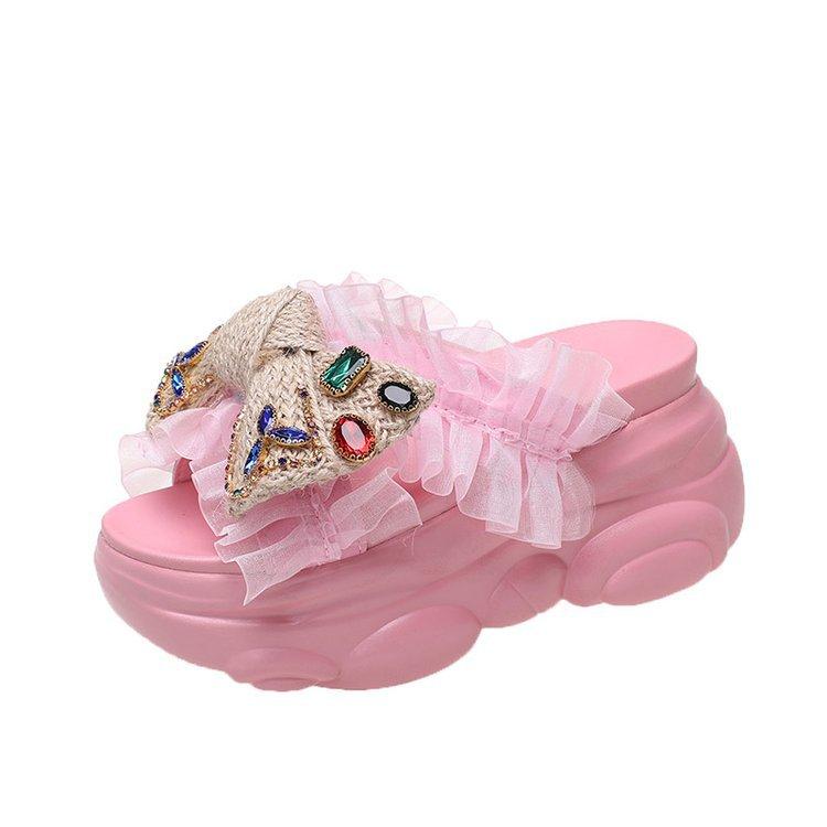 2024 Летние цветные стразы с бантом на платформе и танкетке Pantuflas Mujer с открытым носком женские уличные сандалии пляжная обувь