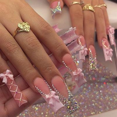 24 шт. элегантных длинных квадратных искусственных ногтей с симпатичными 3D-бантиками и стразами, легкое нанесение, накладные ногти для женщин