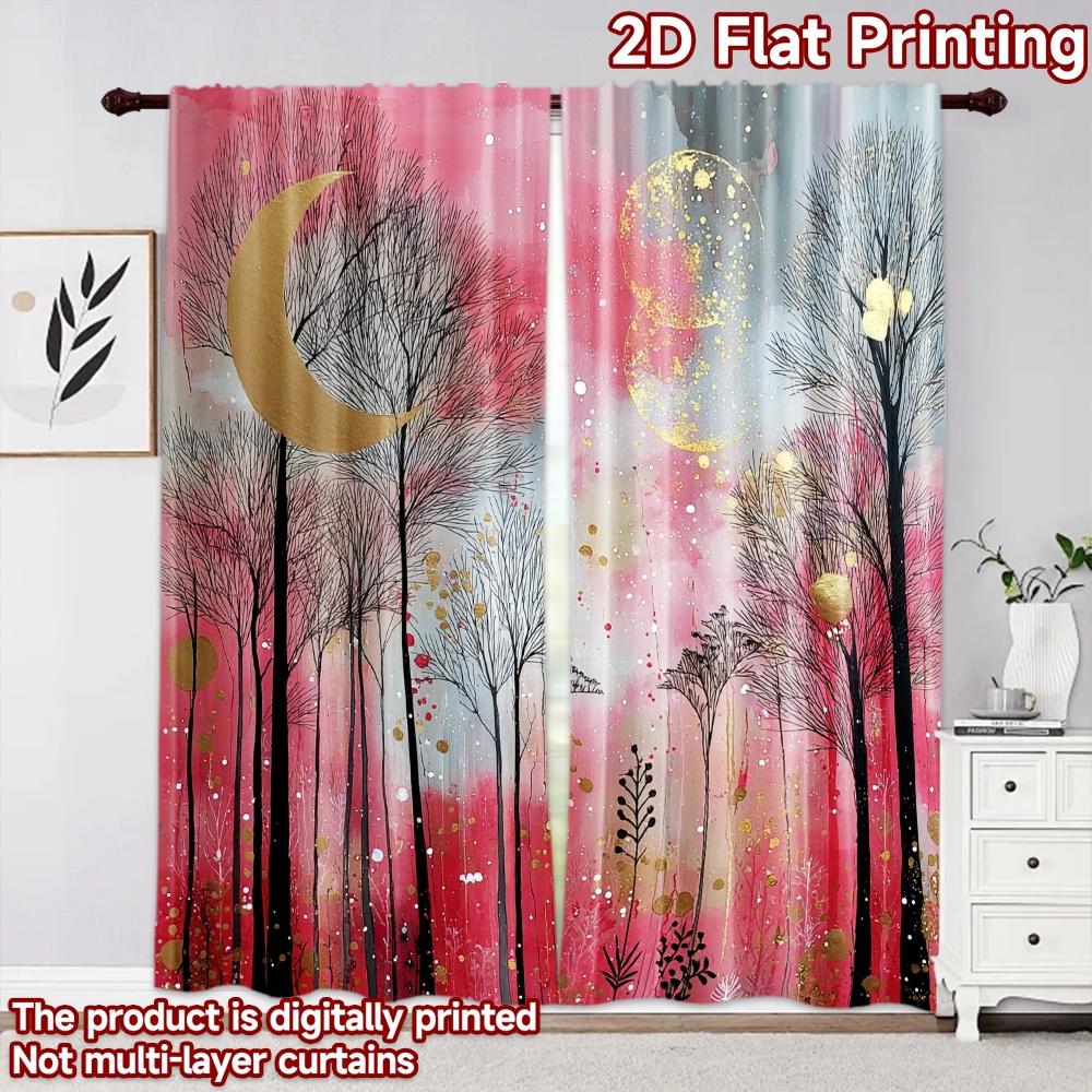2D flat printing 2pcs Curtain Drapes Moonlit Golden Forest Digital Printed Polyester Drapes Birthday Party Perfect for Holiday