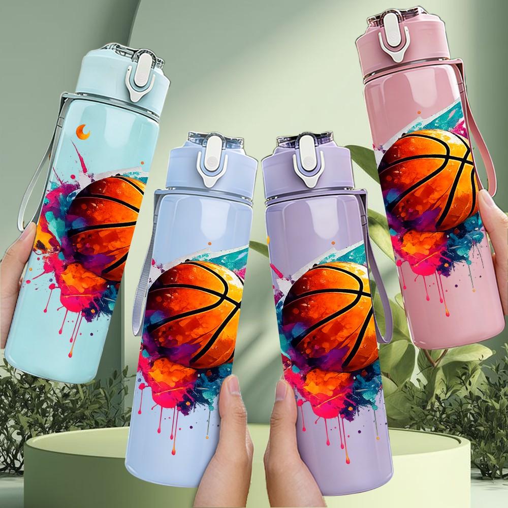 1PC Basketball Fire Splash Sport Print 750ml Color Plastic Sports Water Bottle Leakproof Flip Straw Lid Suitable for Sports Office Home Use
