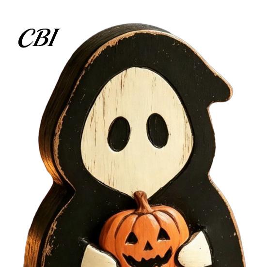 Compact Rustic Fall Ornaments Halloween Wooden Tabletop Decor, Ghost Black Cat Pumpkin Owl Centerpieces, Handcrafted Aged Wood Table Decor Vintage