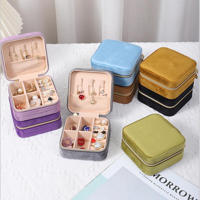 Velvet Jewelry Box for Women Necklace Ring Earrings Organizer Holder Travel Portable Zipper Square Jewelry Storage Case