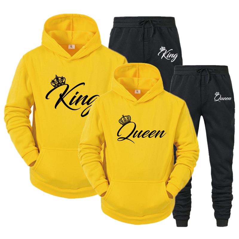 Толстовки с длинными рукавами, комплект с принтом, толстовка для пары Queen King Lover, толстовки больших размеров, трендовый спортивный костюм для пар