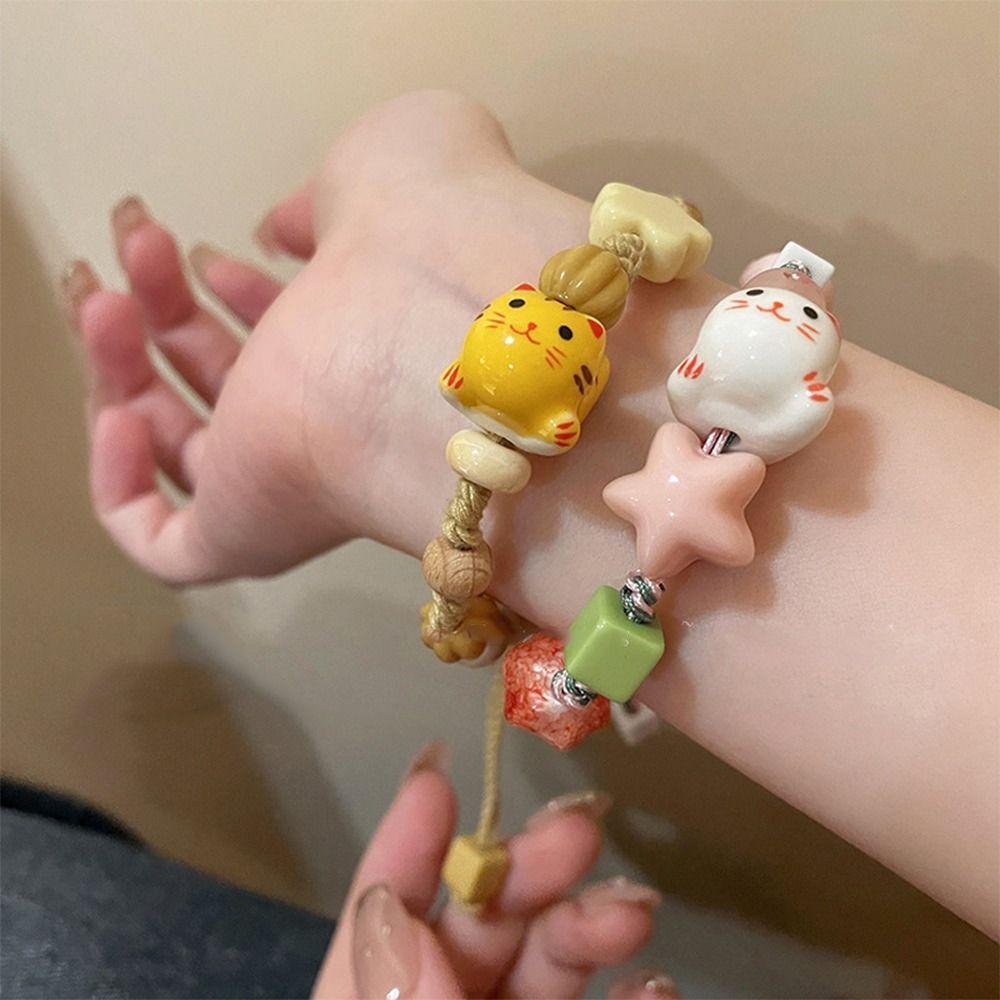Handmade Maneki Neko Bracelet Korean Style Cat Bead Bracelet Ceramic Cat Bracelet Decoration