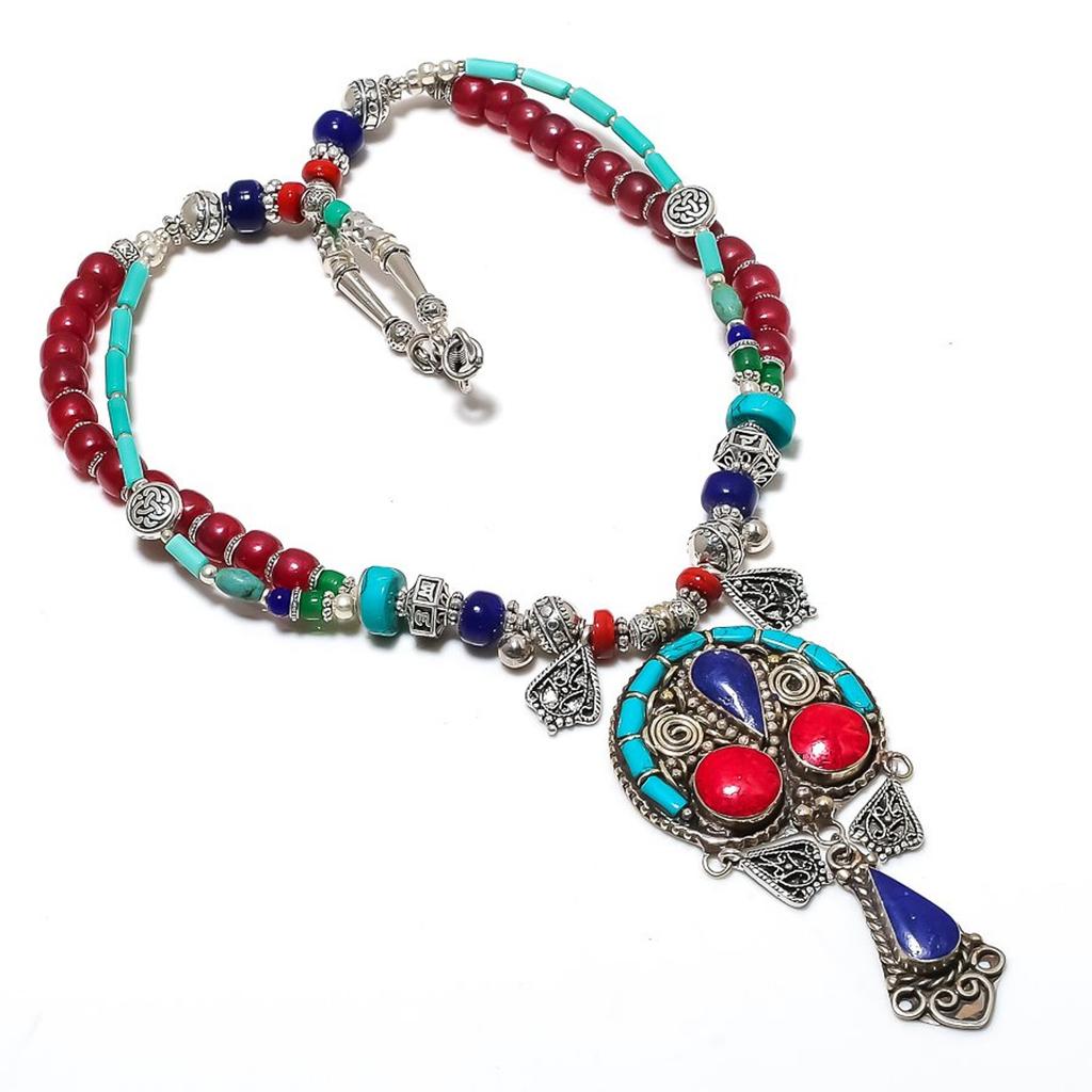Coral Lapis lazuli Turquoise Necklace Tibetan Cabochon Nepali Jewelry 18" NA 820