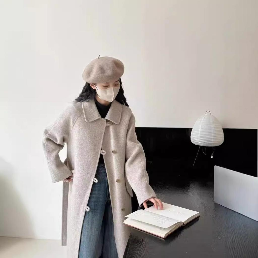 Baby Doll Collar Single-breasted Double-sided Wool Coat for Women Long Plate Buttoned Off Shoulder Sleeves Double-sided Cashmere Plus