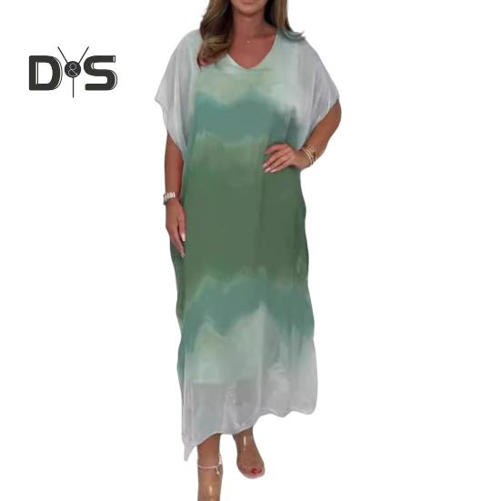 Женское шифоновое макси-платье с градиентным принтом и V-образным вырезом, с коротким рукавом, длинное платье, повседневный свободный пляжный сарафан для летнего отдыха