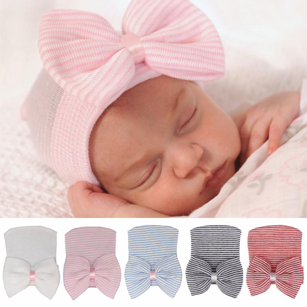 Stripe Infant Hat For 0-6 Month Newborn Baby Hospital Hat Soft Cotton Cute Big Bow Beanie Cap Winter Turban Hats for Baby Girls