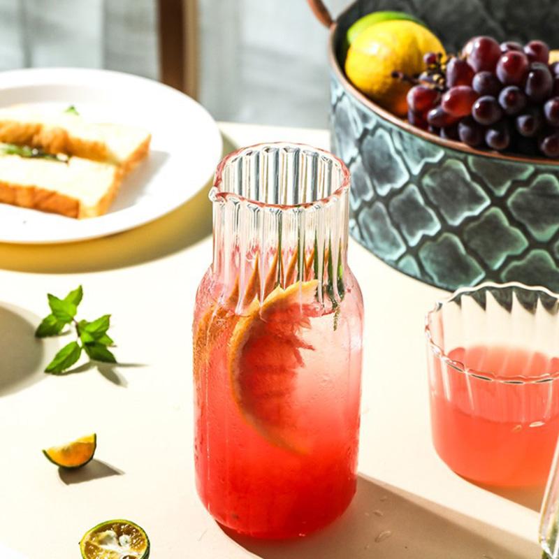 1Set Large-capacity Stripe Drinking Cup Juice Jug Set Glass Bottle Pitcher Transparent