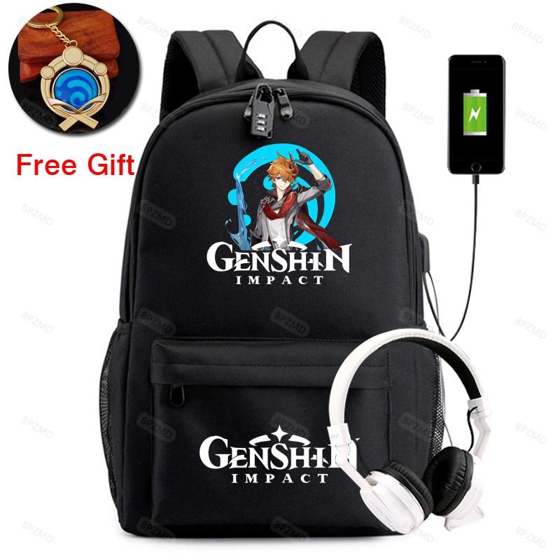 Рюкзак Genshin Impact, школьный парусиновый рюкзак для мальчиков и девочек, противоугонный USB-рюкзак, брелок для мужчин и женщин, дорожные сумки