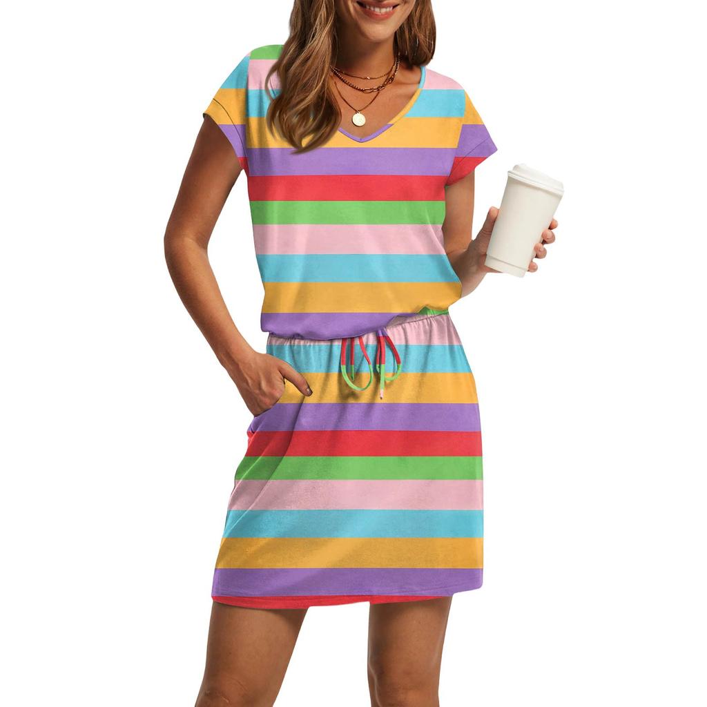 Women's Fashion V-Neck Short Sleeve Drawstring With Pocket Printed Casual Dresses