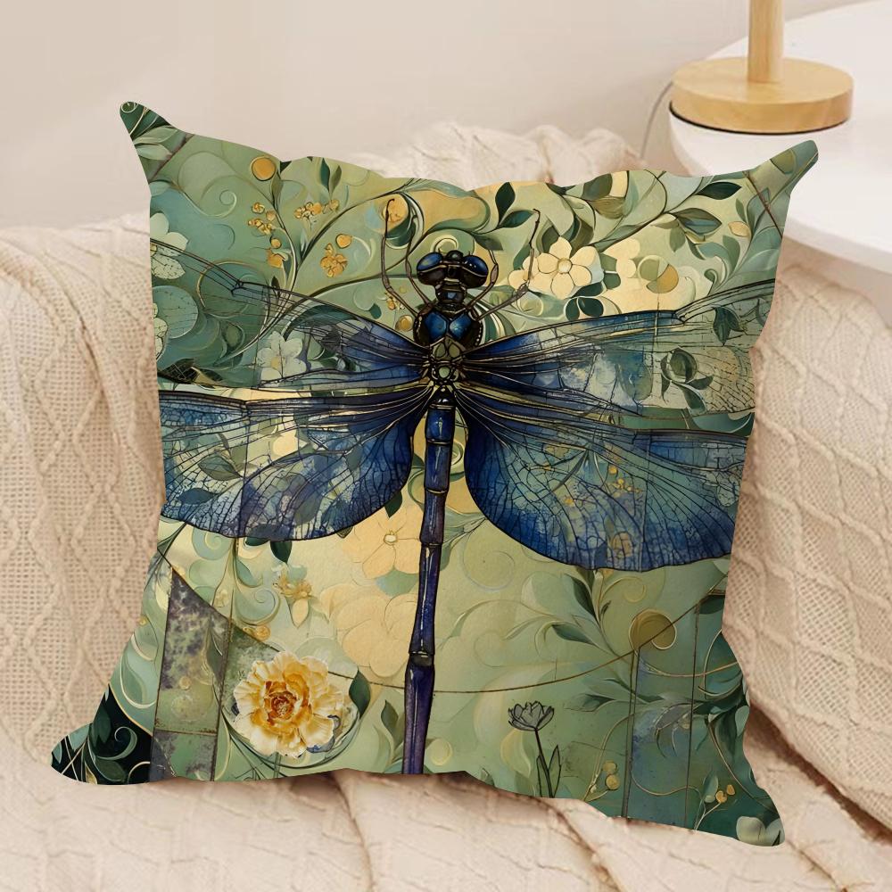 Retro Dragonfly Lotus Cushion Cover Short plush Doublesided Print Square Throw Pillow Covers Sofa Home Cushion Decor