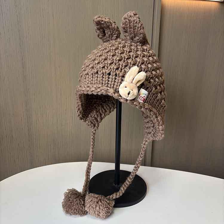 ING rabbit ears cute wool hat autumn and winter new handmade knitted hat women's outdoor warm ear hat