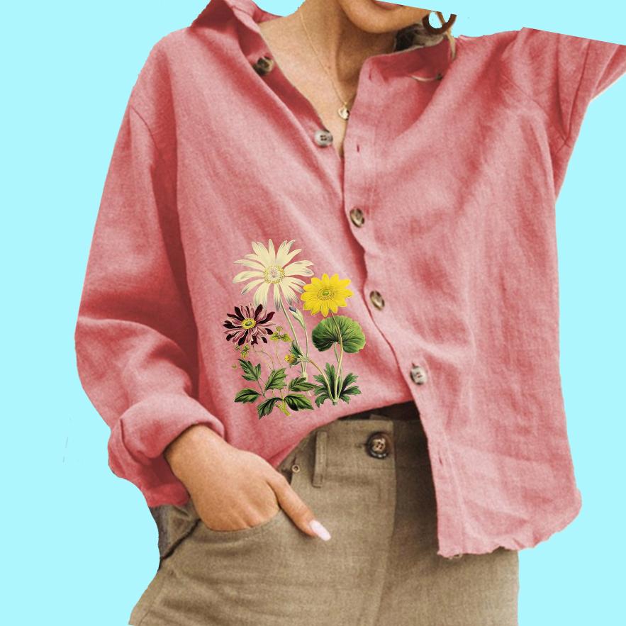 Женская модная блузка с цветочным принтом, женская хлопковая льняная рубашка с длинным рукавом и застежкой на пуговицы