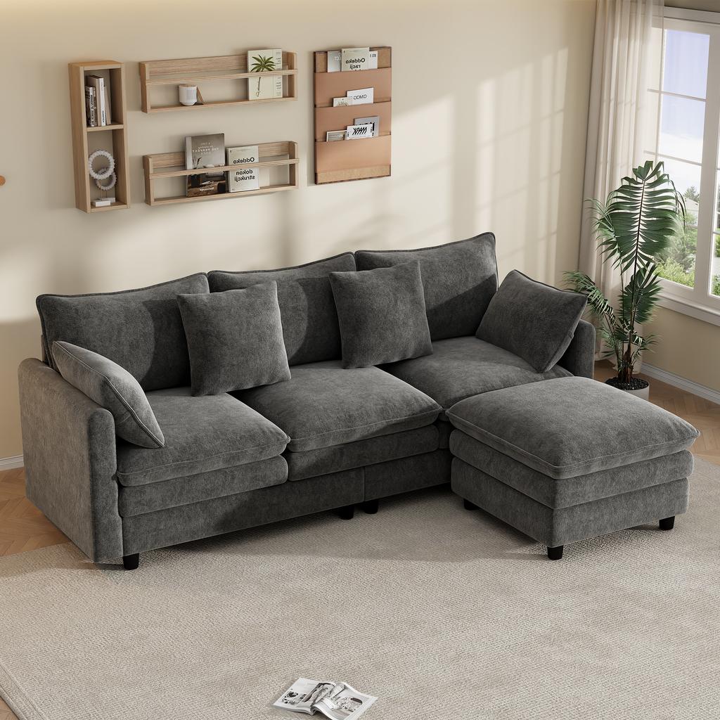 L-Shaped Corner Sofa with 4 Cushions and 3 Backrests, 3-Seater Sofa with Chaise Longue, Capacity up to 120 kg, Living Room Sofa 212×150×90 cm, Grey