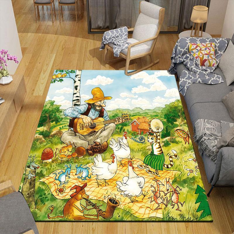 Pettson and Findus Flannel Pattern Square Carpet,Area Rug,Carpet Rug for Living Room Bedroom Sofa Playroom Decor,Non-slip Floor Mat