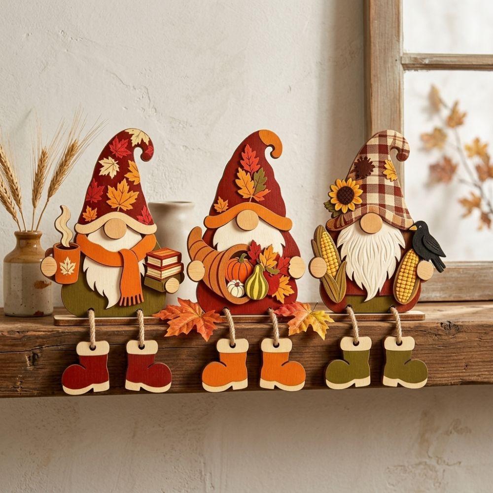 3Pcs 2D Flat Wooden Halloween Dwarf Ornament Autumn Standing Table Sign Harvest Season