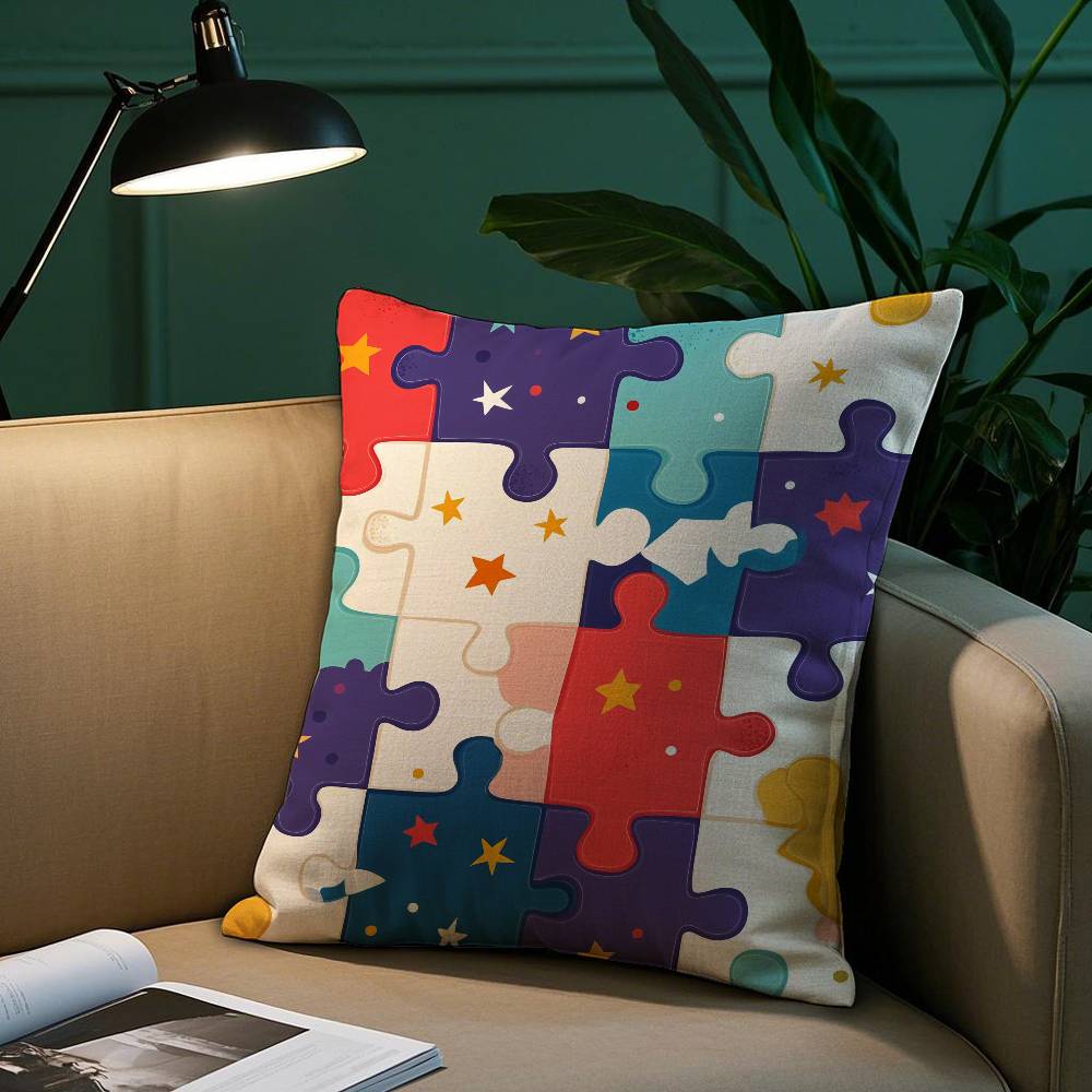Cute Jigsaw Puzzle Pillow Case Plush Fabric Soft Pillowcase Double Sided Print Sofa Cushion Cover Throw
