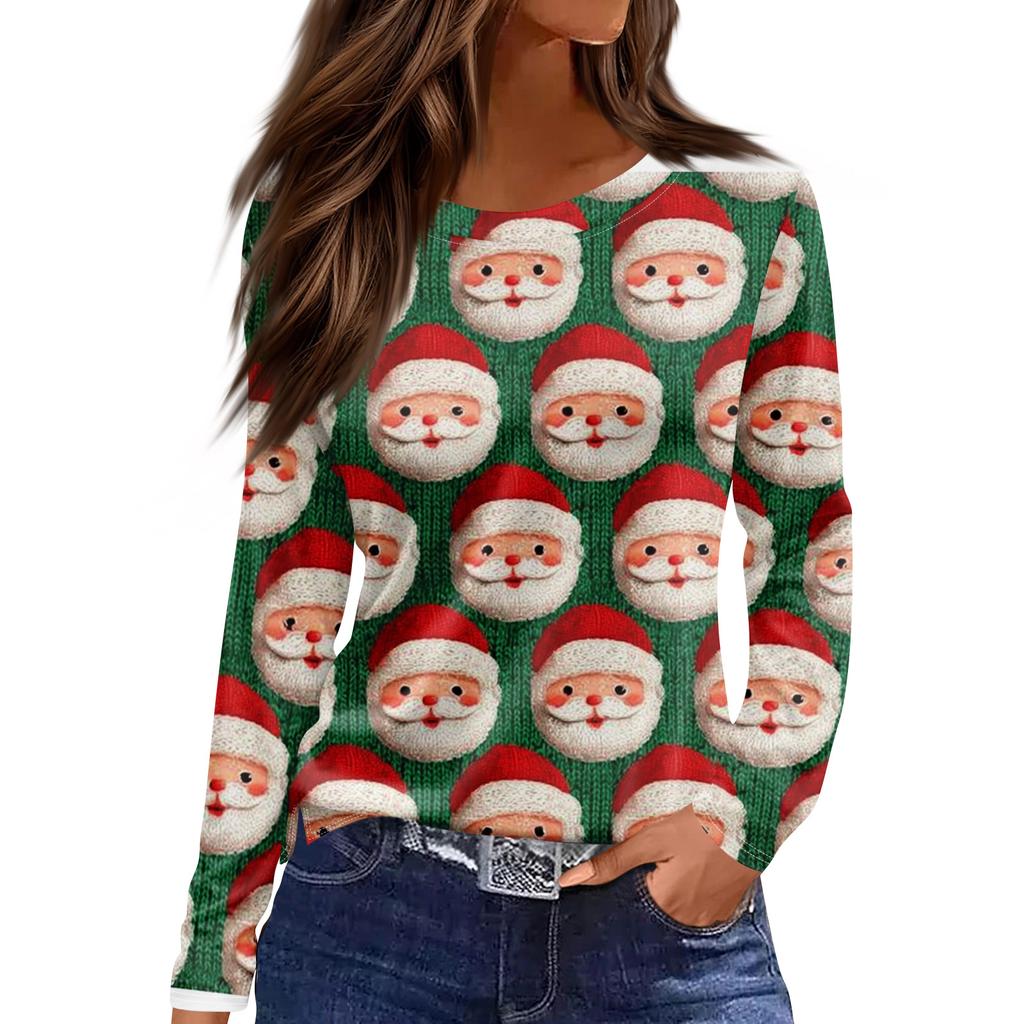 Women's Fashion Hem Slit Casual Christmas Printed Round Neck Long Sleeve Top