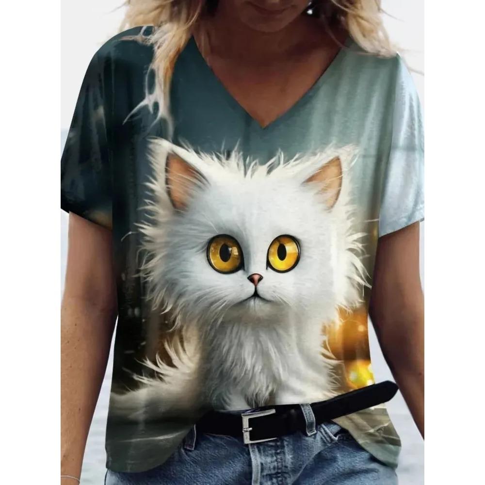 Футболка с V-образным вырезом и короткими рукавами, модная женская футболка, принт с кошкой, летняя одежда оверсайз, женская футболка