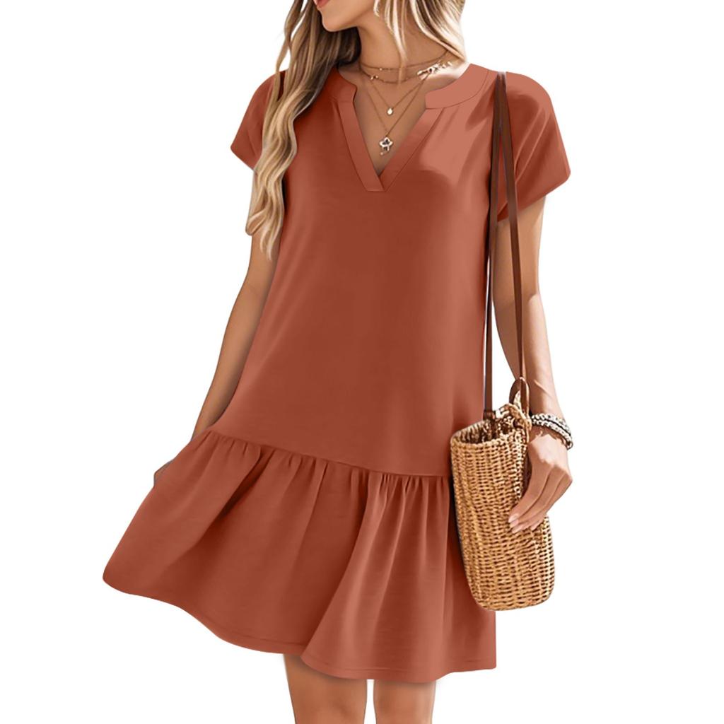 Women's Dresses Short Sleeve V-Neck Solid Color Loose Casual Temperament Beach Dresses