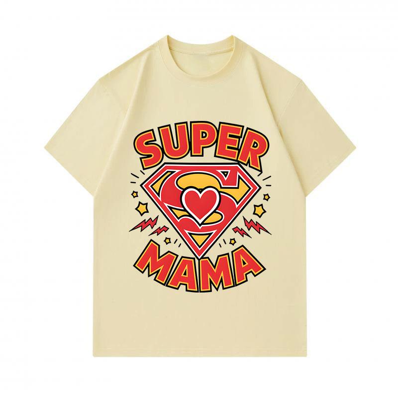 100% Cotton Men's Crew Neck Short Sleeve T-Shirt, Super Mama Superhero Heart Printed Casual Tee, Breathable Soft Top for Daily Mother's Day Gift Wear