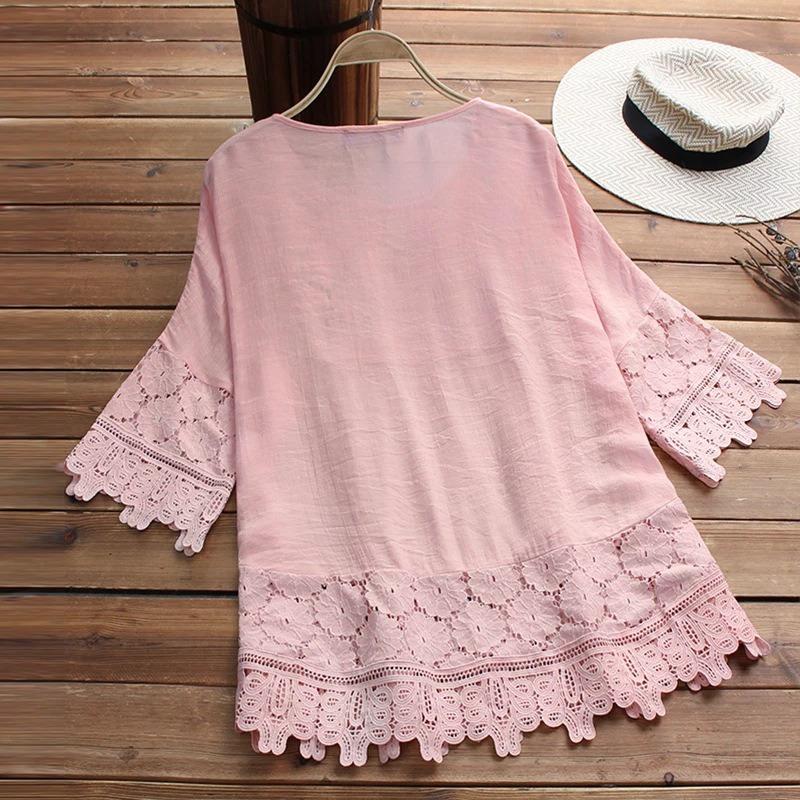 Summer Women's Lace T-shirt Floral Mini Dress Cotton Five-point Sleeve V-neck Loose Casual Bohemian Style T-shirt Top