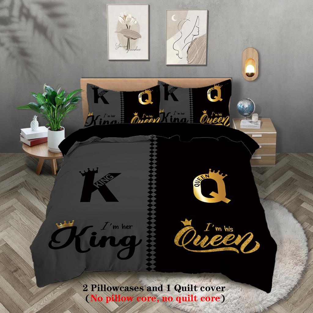 3pcs Fashionable Black Gray K and Q Design Printed Bedding Set, Soft, Comfortable and Breathable Duvet Cover, Bedroom, Hotel