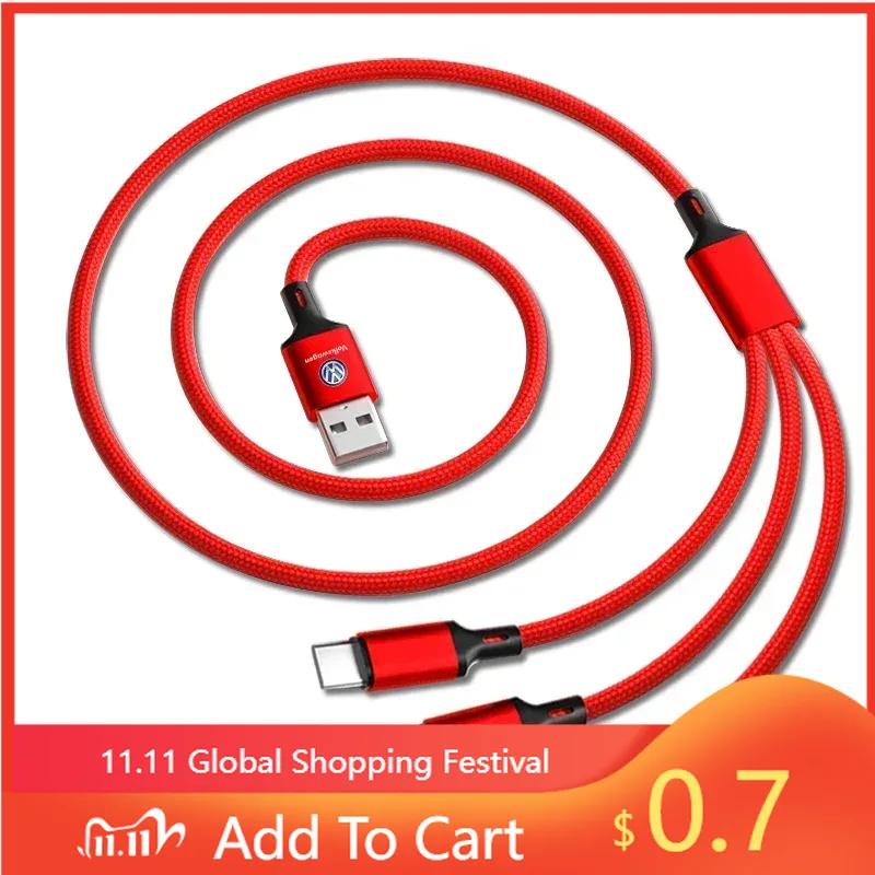 For VW Hot 2025 New New Car 3 In 1 Fast Charging Cord For iPhone Huawei USB Type C For Volkswagen CC R-Line GTI T5 Golf T-ROC R