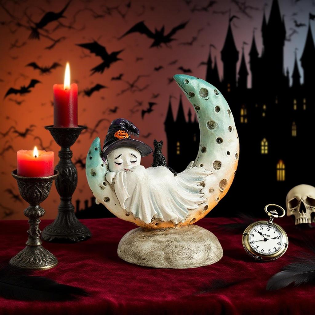 Creative mermaid moon little ghost Figurines with Witch Hat Halloween resin craft Home Decor living room decoration for Holiday
