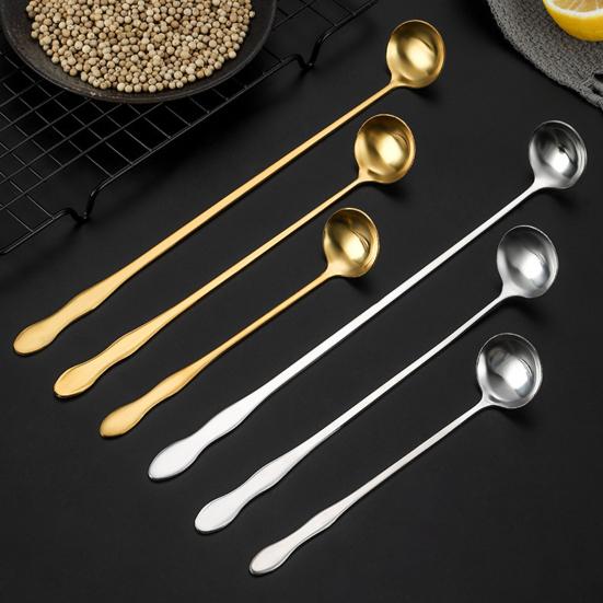Ложка для перемешивания с длинной ручкой, пищевая удобная ручка, полированные столовые приборы из нержавеющей стали, мороженое, десерт