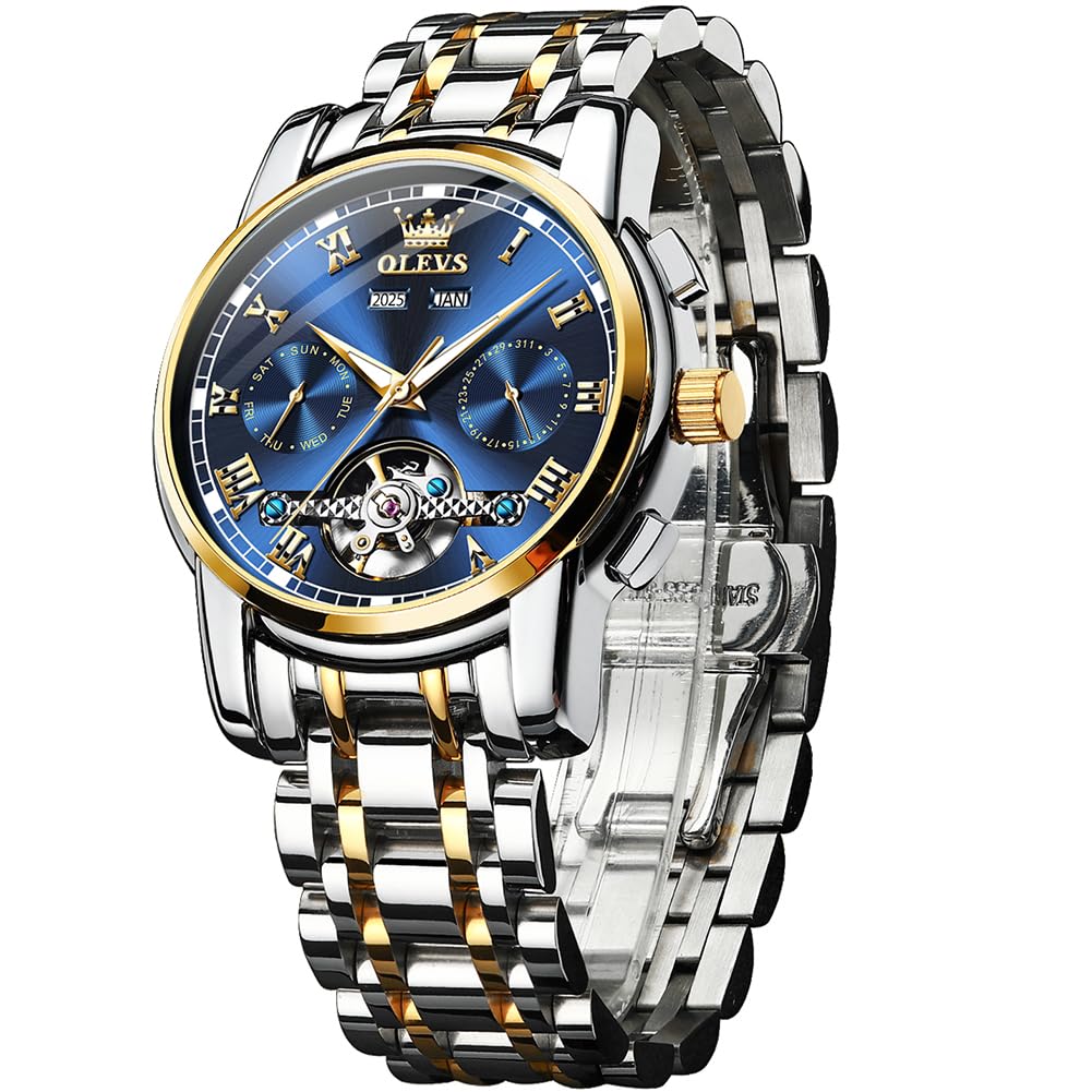 OLEVS Stylish Blue Automatic Waterproof Date Luminous Business Skeleton Arm Watch Popular Brand Blue Men's