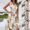 Women's Spring And Summer Casual V-Neck Sleeveless Waist Floral Print Midi Dress