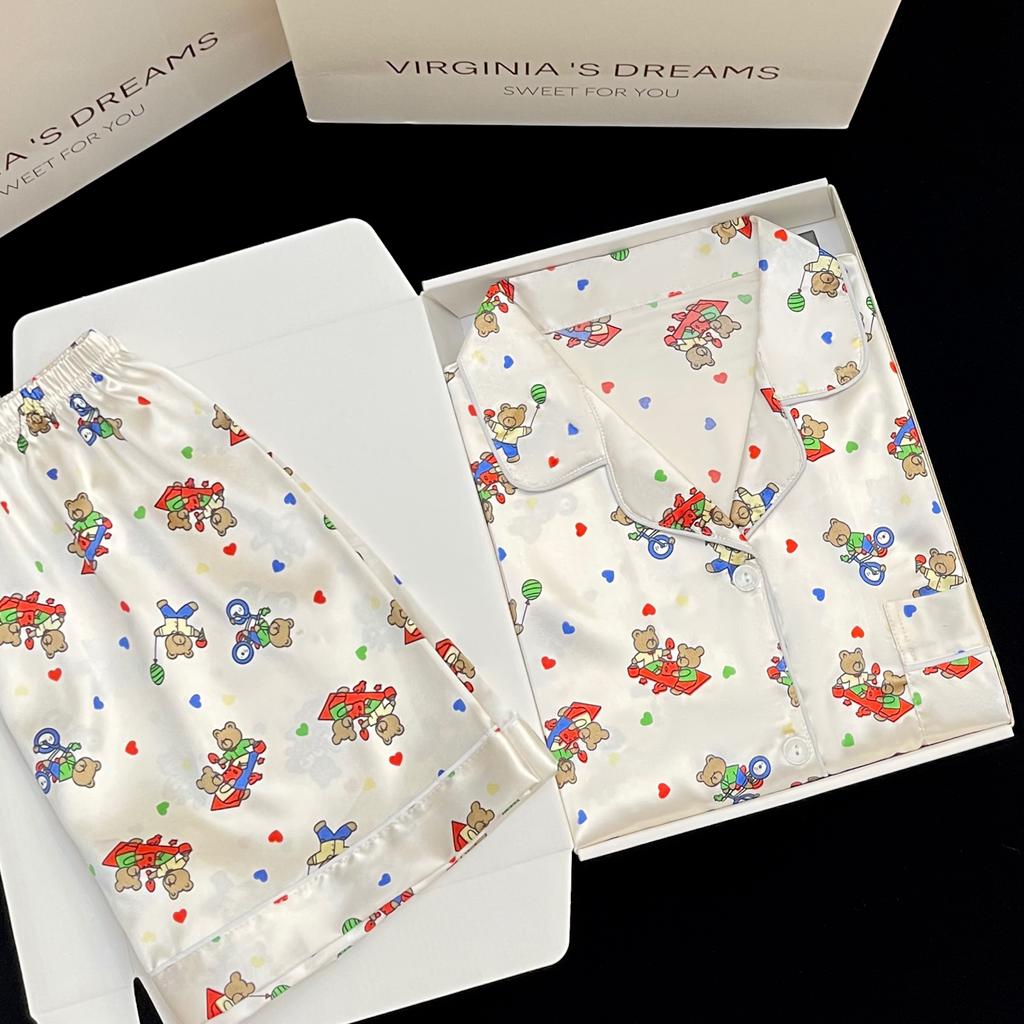 Летняя новая женская милая атласная пижама с цветочным принтом, короткий рукав + брюки, женская милая домашняя одежда, повседневная одежда