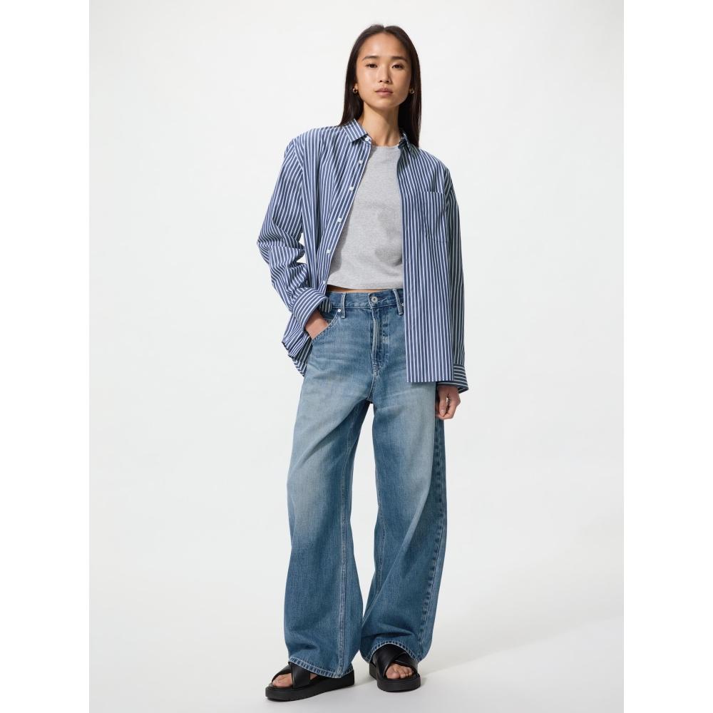 Uniqlo Япония Широкая Рубашка Полоски Обычный Цвет