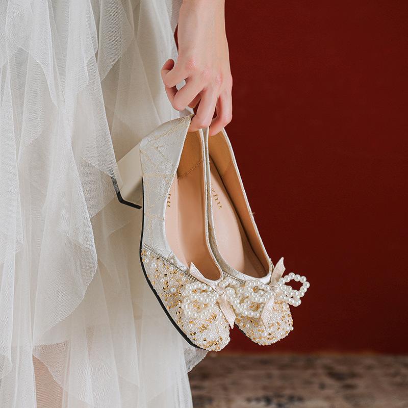 Женская обувь Роскошные туфли-лодочки Красивая жемчужная цепочка Бант Туфли на высоком каблуке Девочка Вечернее платье Туфли