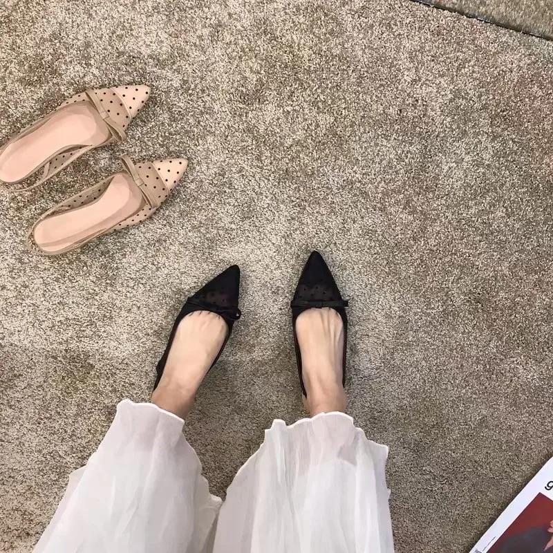 Сандалии женские плоские Baotou сетчатые дышащие сандалии с бантом модные летние туфли на низком каблуке с острым носком женские Chaussure Femme