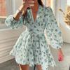 Spring and Summer Women's Dress Temperament Sweet Printing V-neck Lace Short Dresses