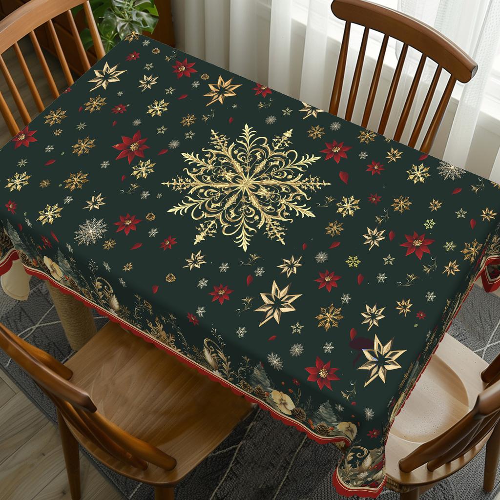 Christmas Holly Berry Rectangle Table Cloth Golden Snowflake Holiday Party Decor Reusable Tablecloth for Dining Christmas Decor