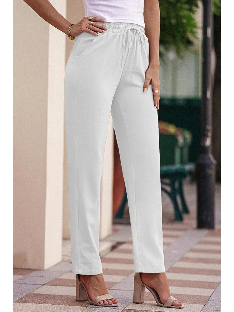 Женские хлопково-льняные брюки с кулиской и широкими штанинами