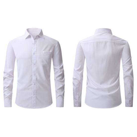 Men Spring Fall Dress Shirt Turn-down Collar Slim Fit Stretchy Single-breasted Long Sleeves Pure Color Mid Length Formal Business Event Office Top