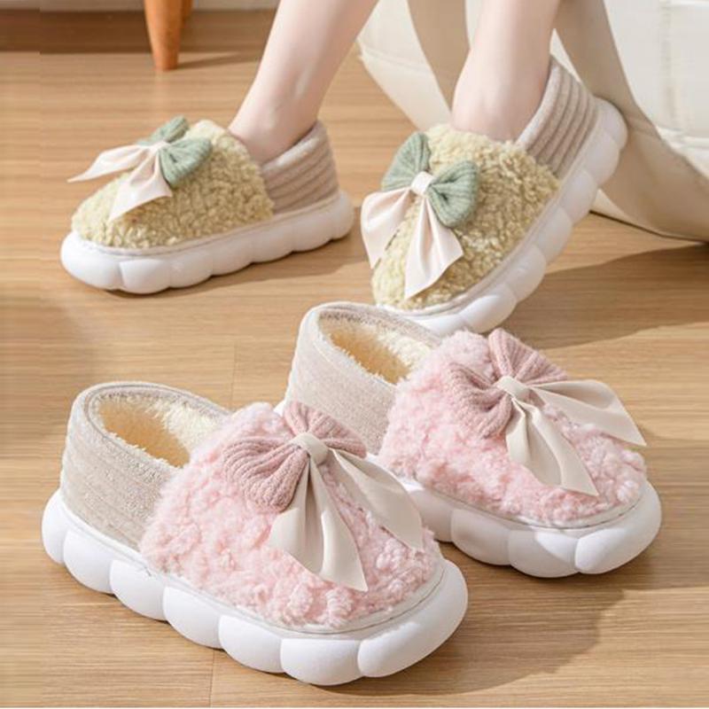 Тапочки из хлопка с бантом, новые туфли для женщин, домашняя обувь на осень-зиму, теплые повседневные меховые тапочки, туфли без застежек на мягкой подошве из хлопка