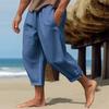 Men Cropped Pants Drawstring Elastic Waist Solid Color Loose Pockets Split Deep Crotch Soft Breathable Summer Vacation Beach Trousers