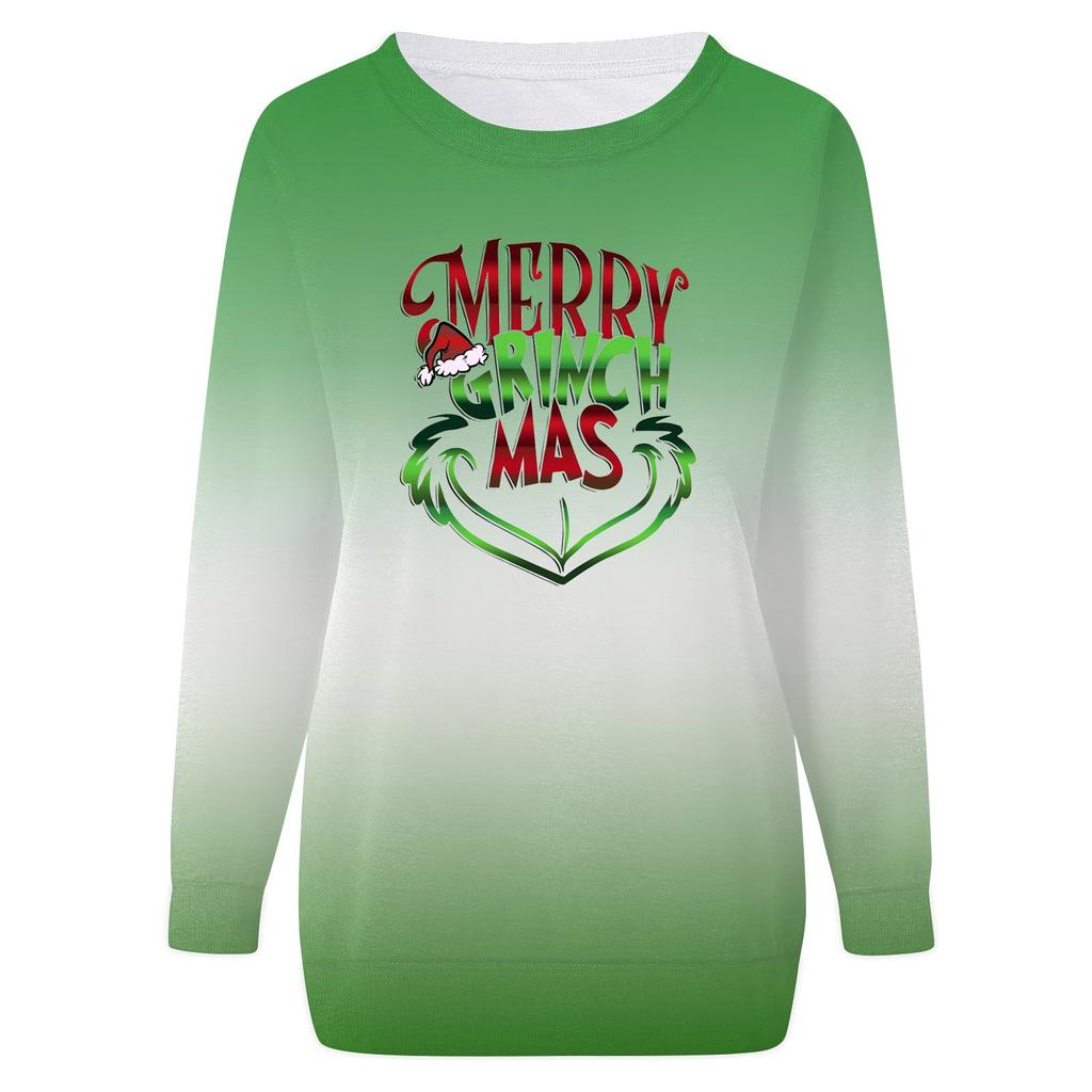 Женская рубашка, повседневная футболка с длинными рукавами и рождественским принтом, круглый вырез и нашивка, топ