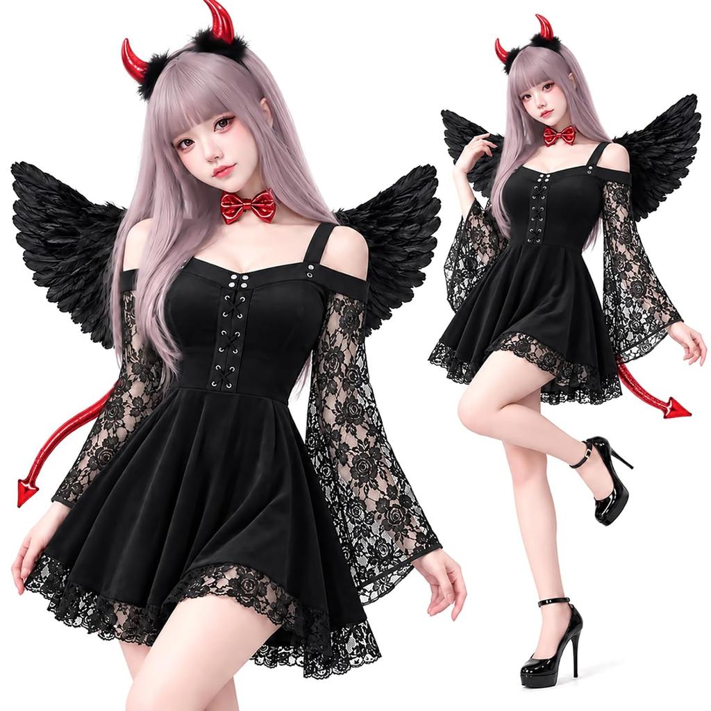 Devil costume 5-piece set little horns tail wings lace dress Halloween outfit adult ladies cute black red.