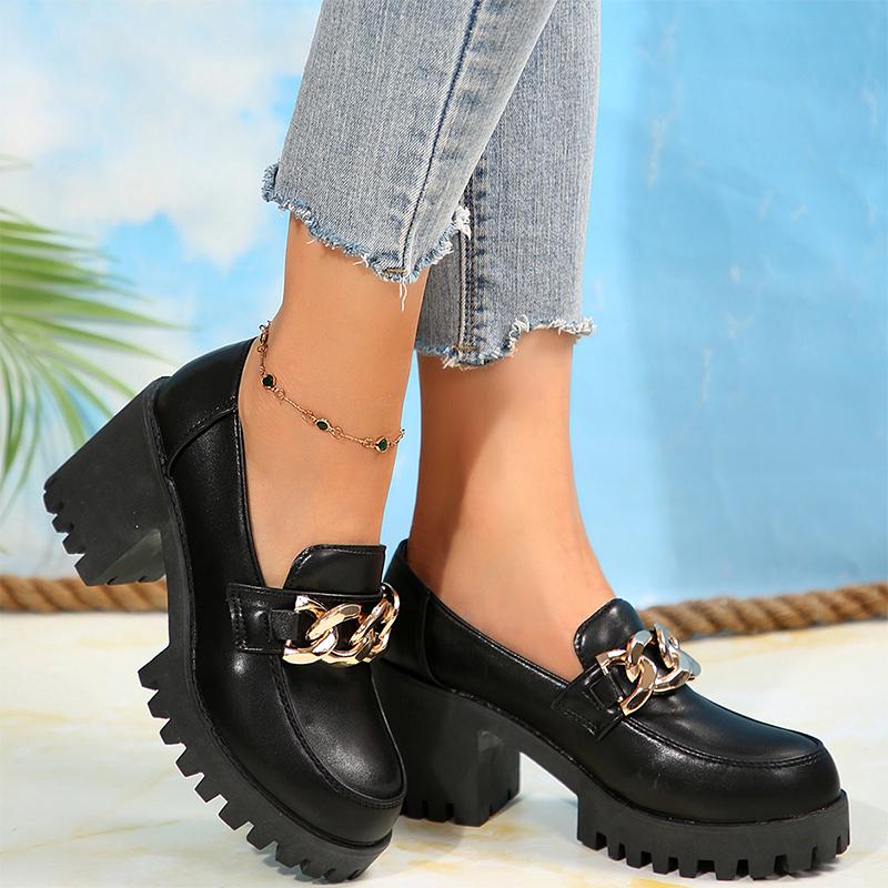 Модные туфли на высоком каблуке с цепочкой, женские туфли-лоферы, кожаные туфли на толстом каблуке, модные туфли для ходьбы, женские туфли-лодочки 2024 года, элегантные туфли-лодочки Zapatillas, женские