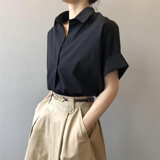 Women Summer Shirt Lapel Short Sleeve Solid Color Pullover Tops Loose Fit Thin Office Lady Shirt Workwear